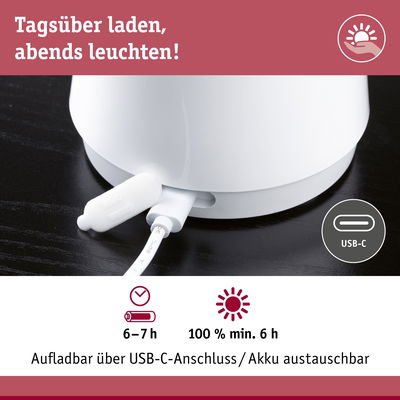 Weißes Gerät mit USB-C-Ladeanschluss und austauschbarem Akku, Ladezeit 6-7 Stunden