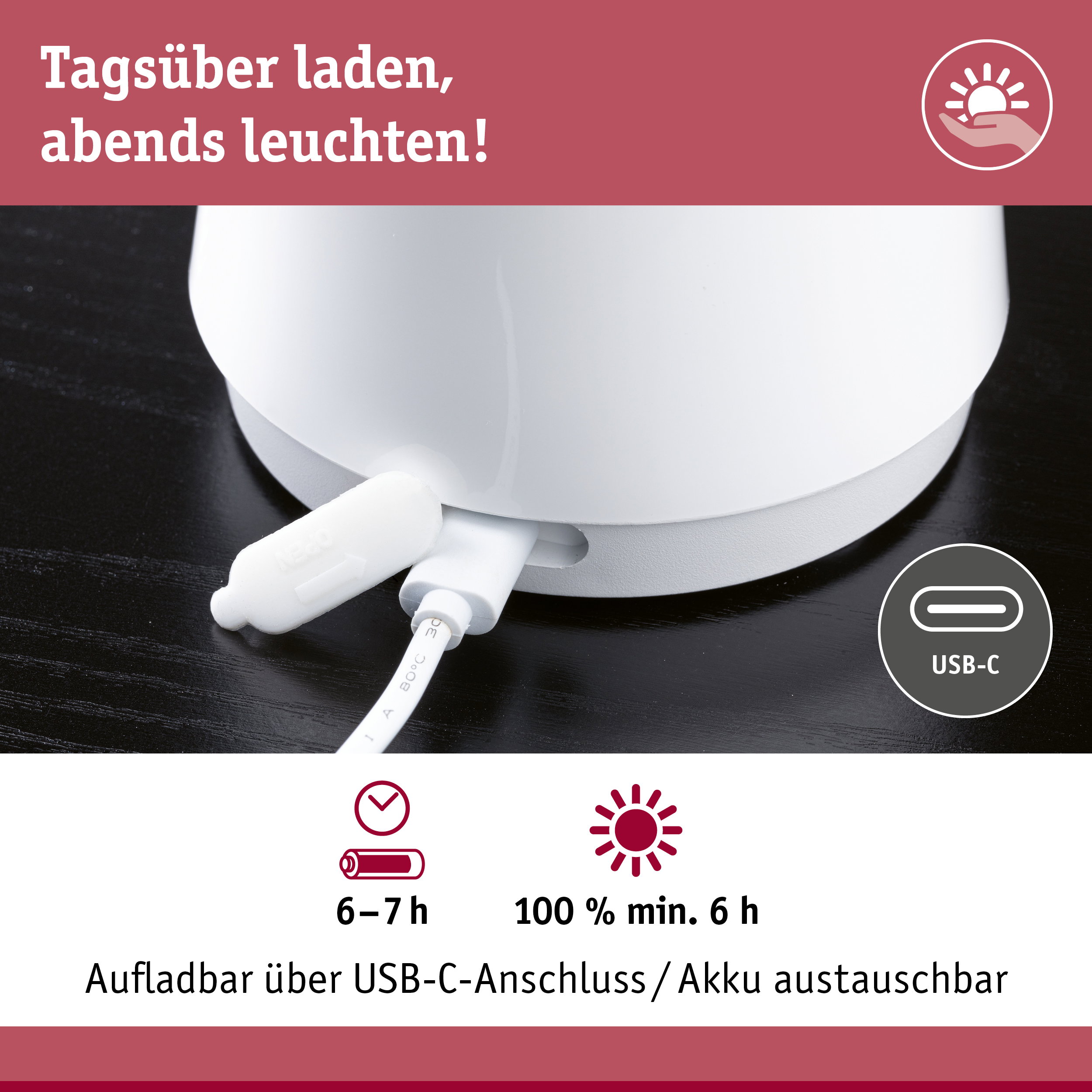 Weißes Ladegerät mit USB-C-Anschluss auf schwarzem Untergrund, Akku austauschbar, 6-7 Stunden Ladezeit