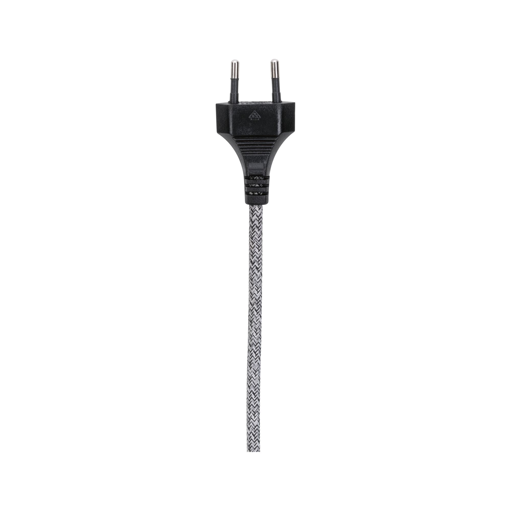 Schwarzer Euro-Stecker mit grauem Textilkabel für elektrische Geräte und Beleuchtung