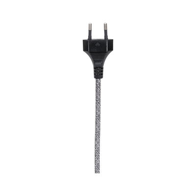 Schwarzer Euro-Stecker mit grauem Textilkabel für elektrische Geräte und Beleuchtung