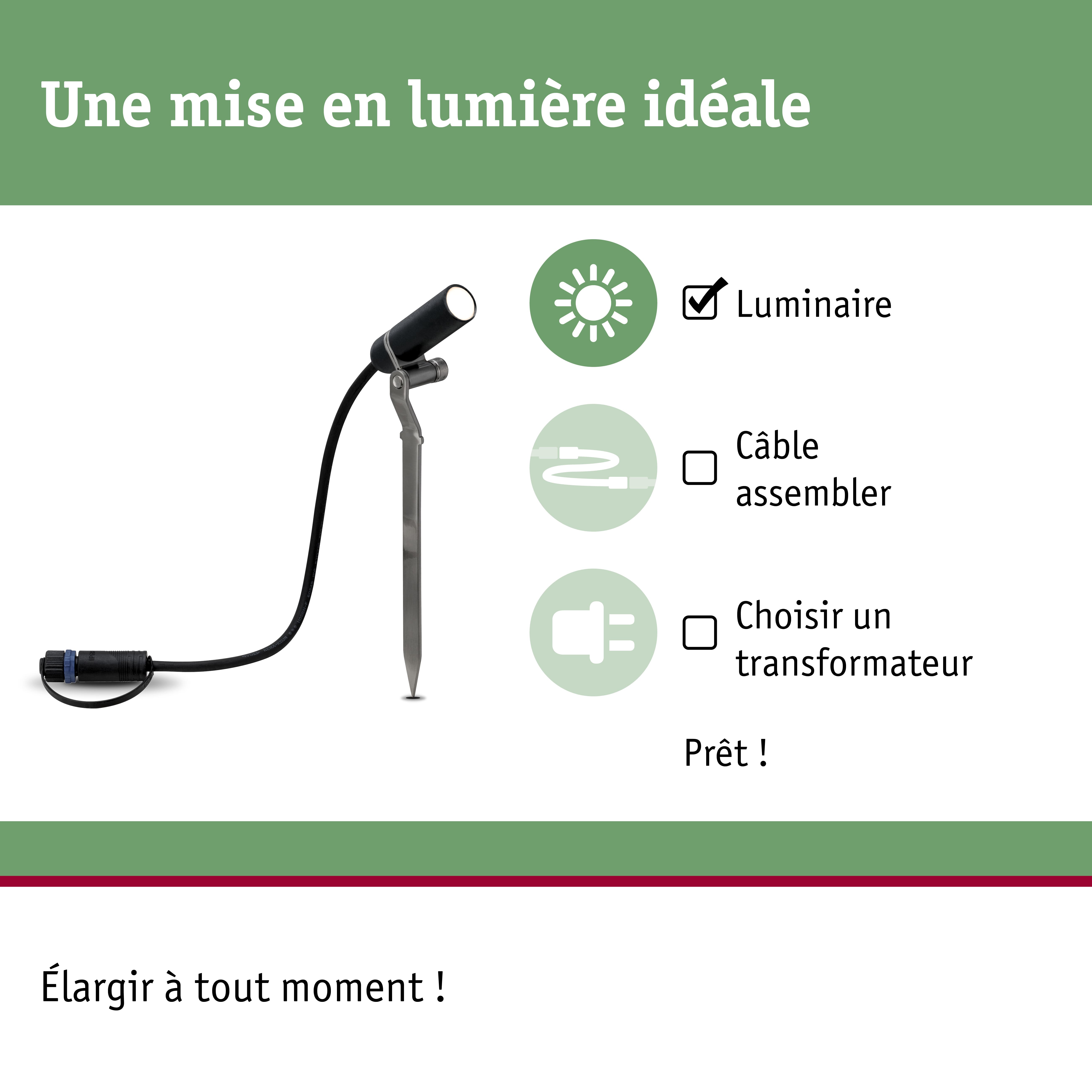 Projecteur LED noir avec piquet de terre et câble pour éclairage extérieur de jardin