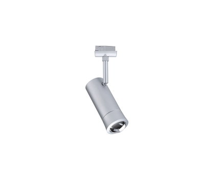 Modern silver metal LED spotlight for track systems, energy-efficient indoor lighting solution
