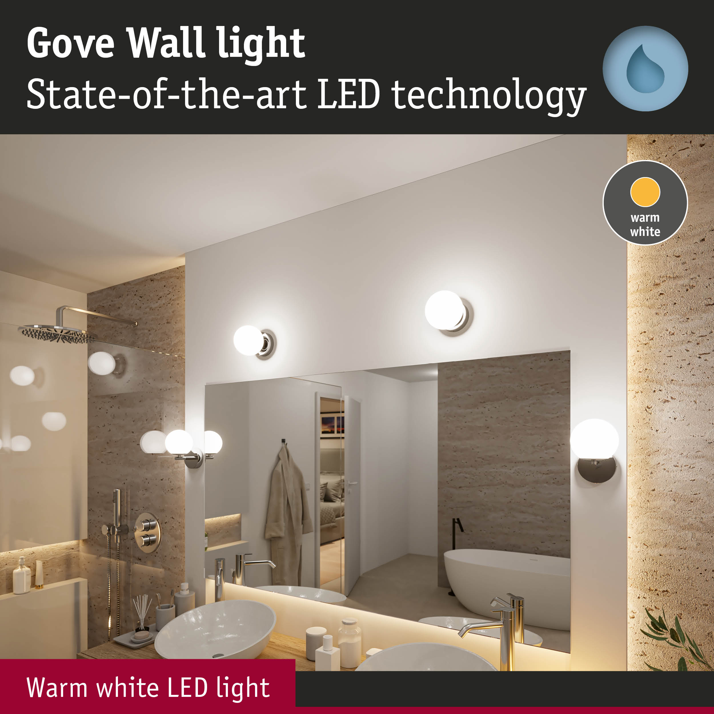 Gove wall light with warm white LED in modern bathroom featuring mirror and washbasin