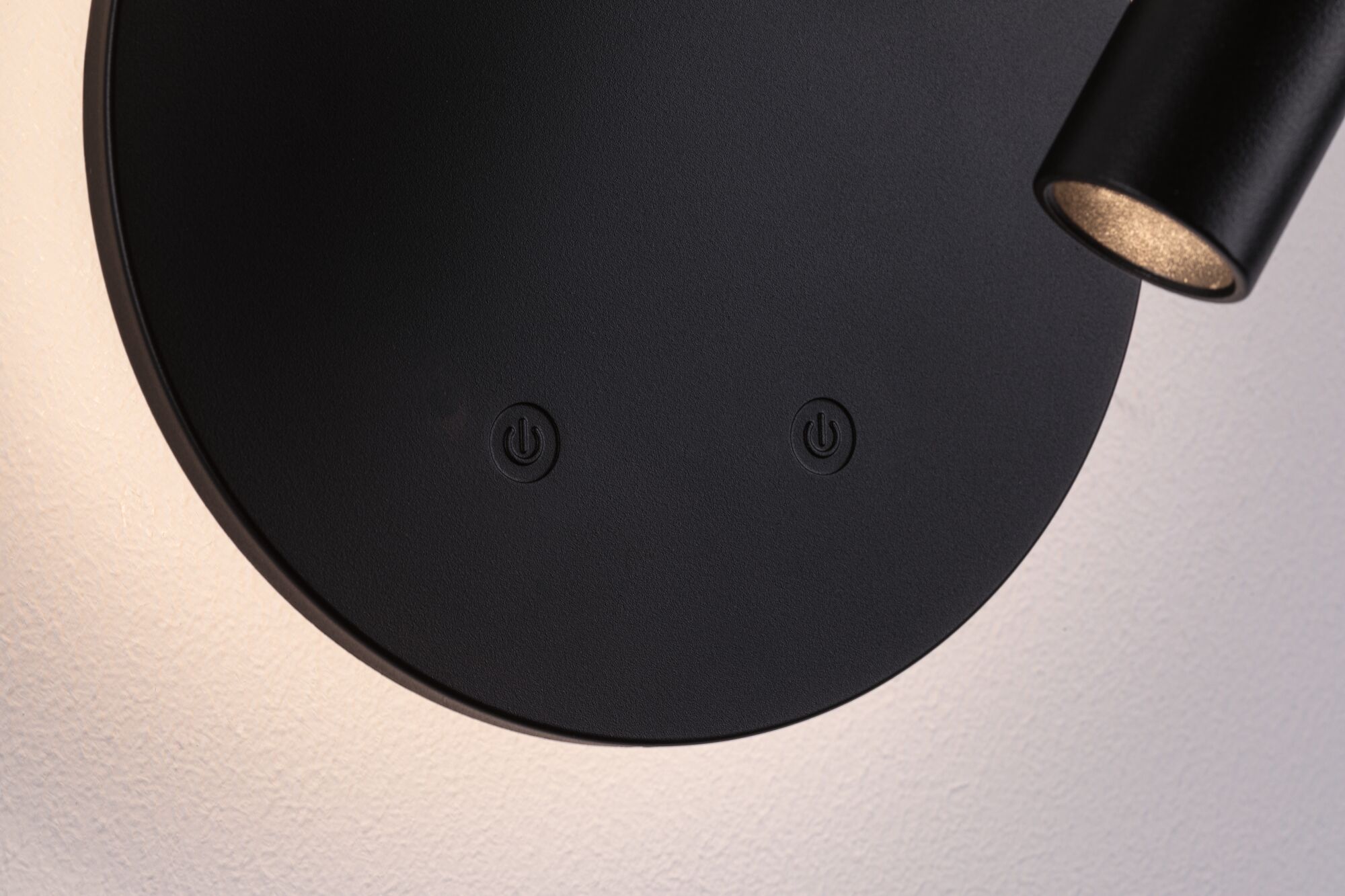 Black round wall lamp with two touch switches and adjustable LED spotlight for accent lighting