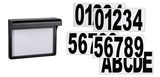 Black LED house number light with interchangeable black numbers on white background for outdoor use