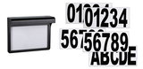 Black LED house number light with interchangeable black numbers on white background for outdoor use