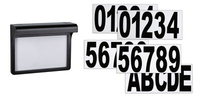 Black LED house number light with interchangeable black numbers on white background for outdoor use