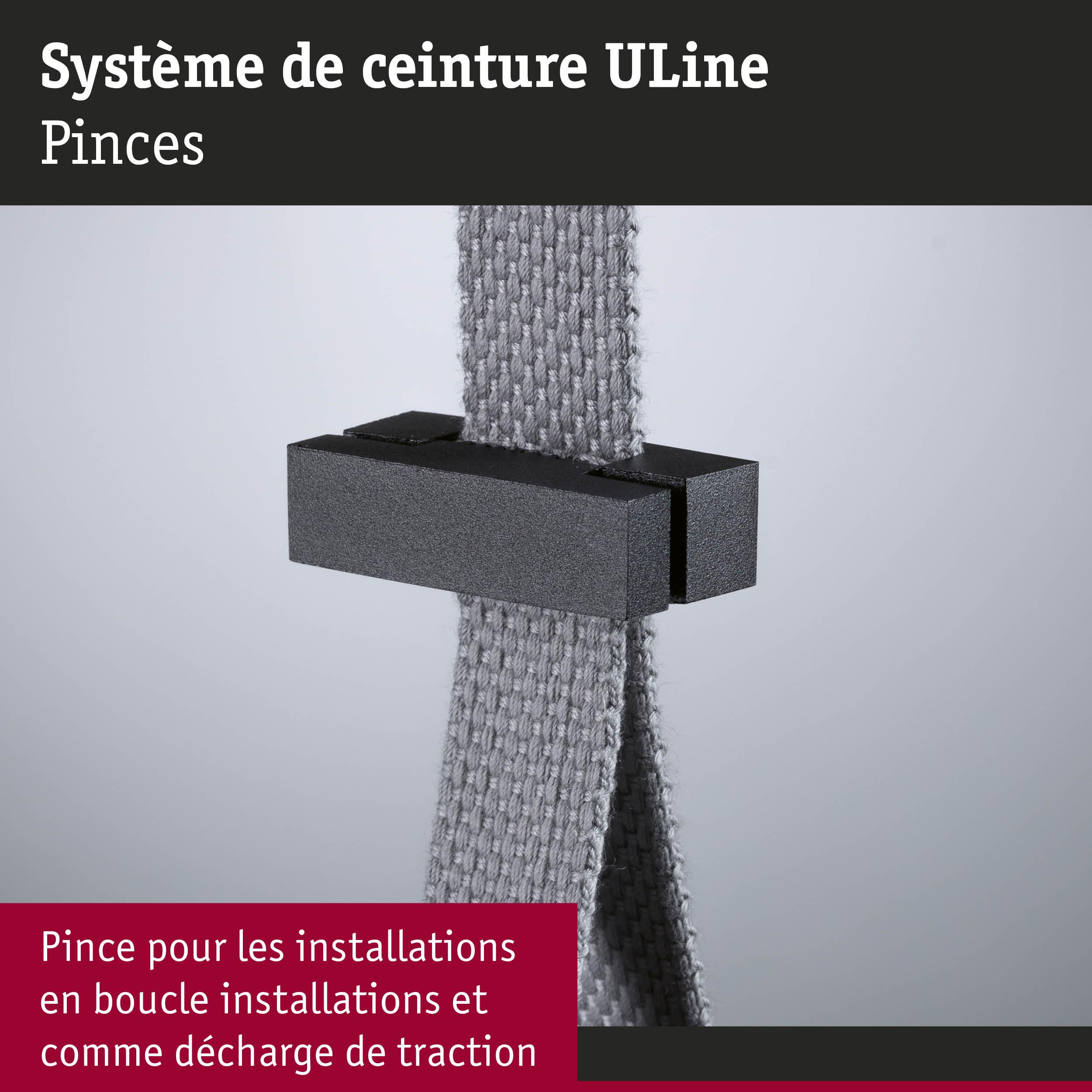 Pince noire en plastique avec sangle textile grise pour installations en boucle ULine et décharge de traction