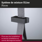 Pince métallique noire maintenant une sangle tissée grise – système de fixation pour installations