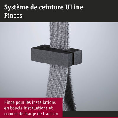 Pince noire en plastique avec sangle textile grise pour installations en boucle ULine et décharge de traction
