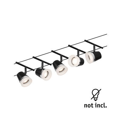 Black cable spotlight bar with five adjustable white LED spotlights without bulbs