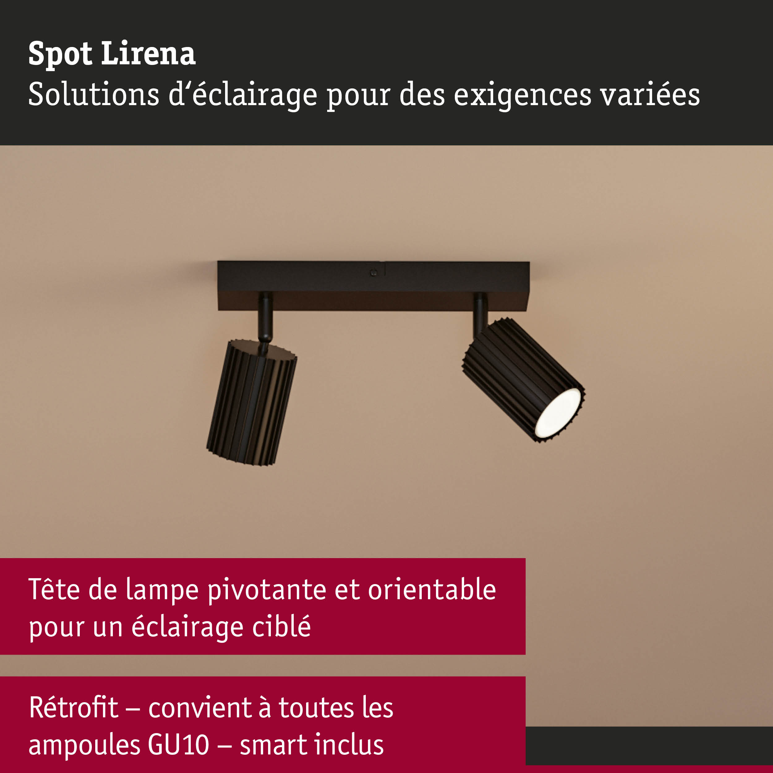 Spot LED noir Lirena avec tête pivotante et orientable pour un éclairage ciblé