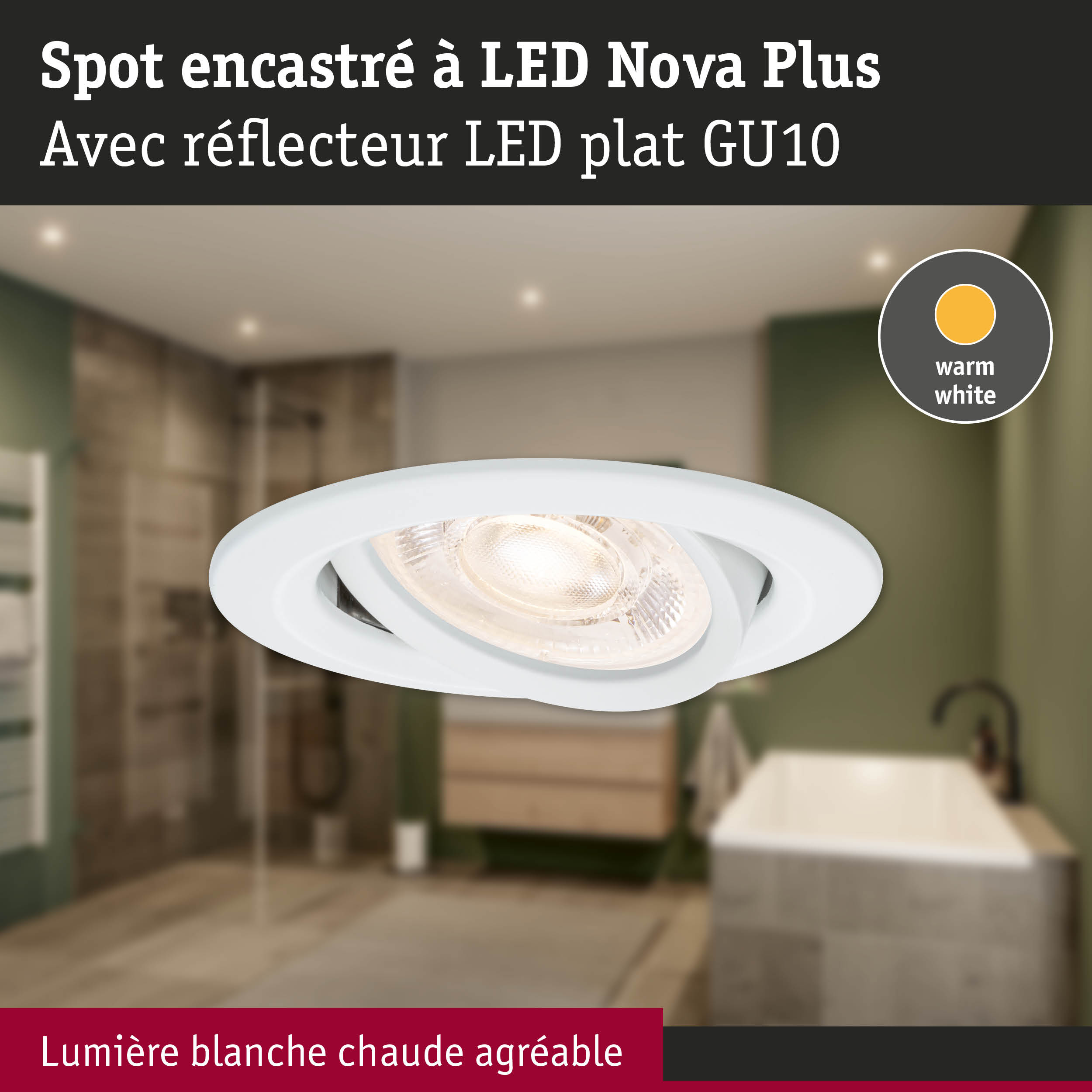 Spot encastré LED Nova Plus blanc avec réflecteur plat GU10 et lumière blanc chaud pour salle de bain
