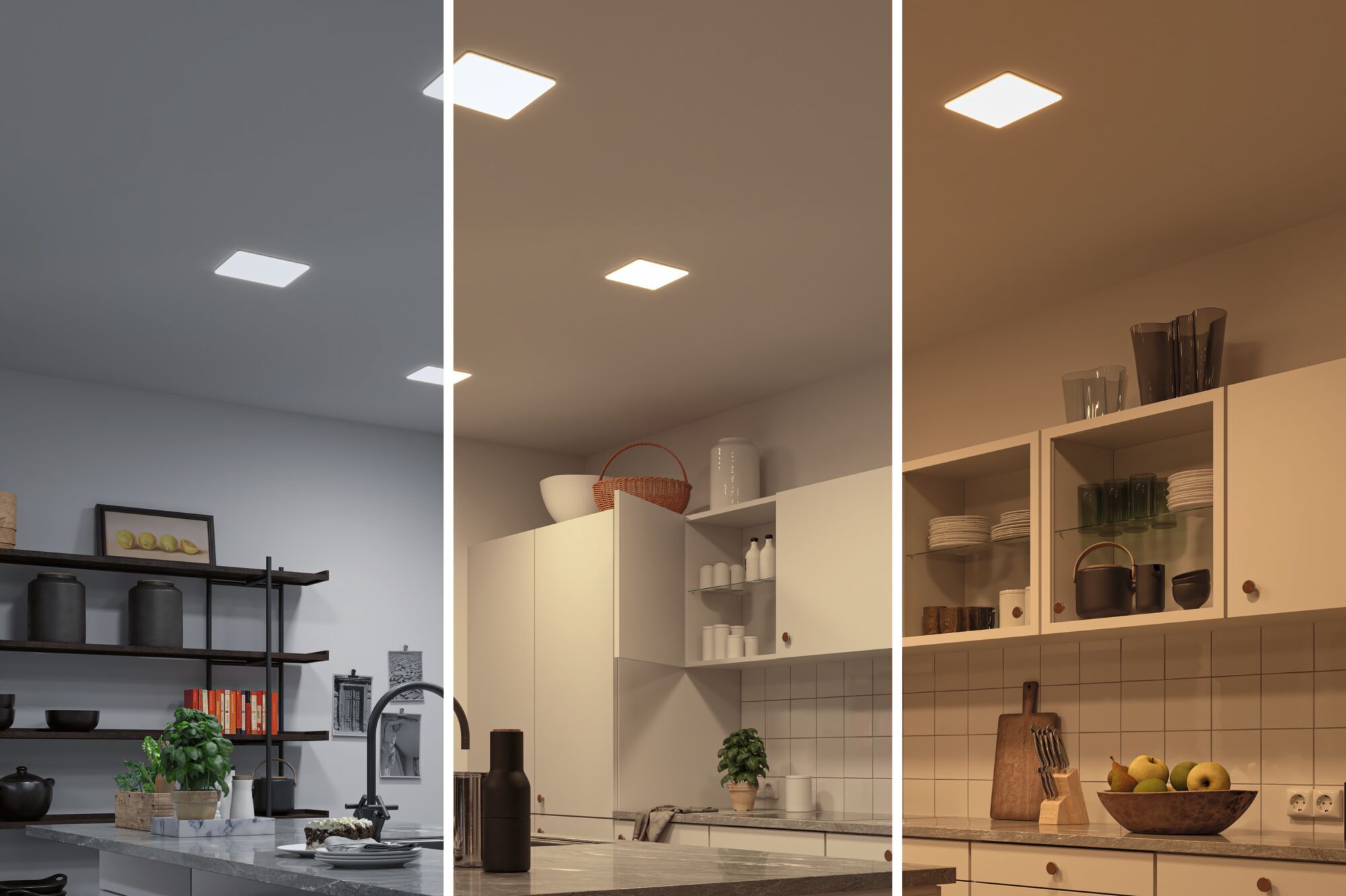 Three kitchens with square ceiling lights in cool, neutral, and warm white LED lighting.
