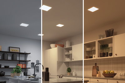 Three kitchens with square ceiling lights in cool, neutral, and warm white LED lighting.