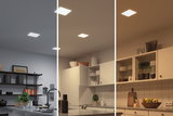 Tre køkkener med firkantede loftslamper i koldt, neutralt og varmt hvidt LED-lys.
