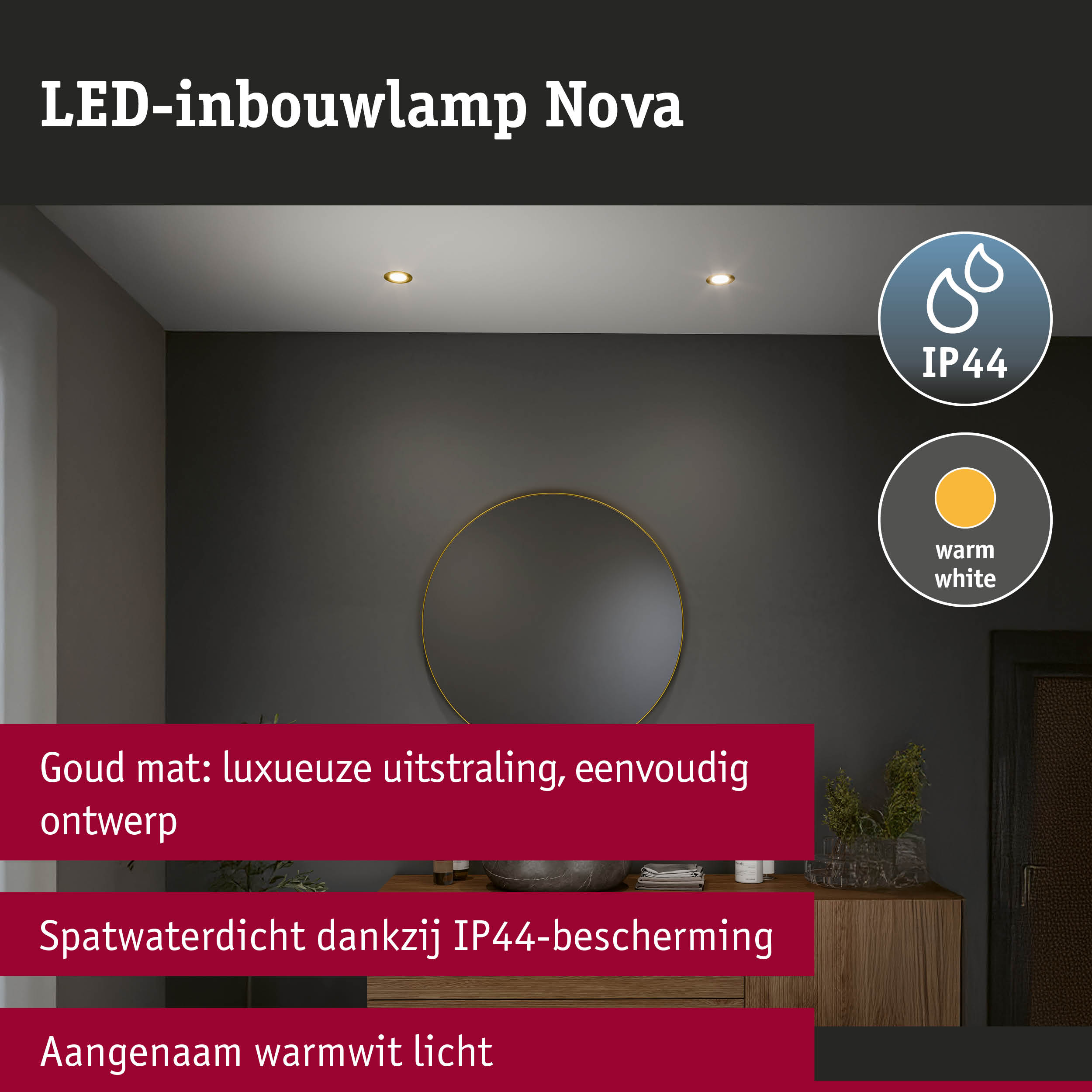 LED-inbouwlamp Nova met matte gouden afwerking, IP44 spatwaterdicht en warm wit licht