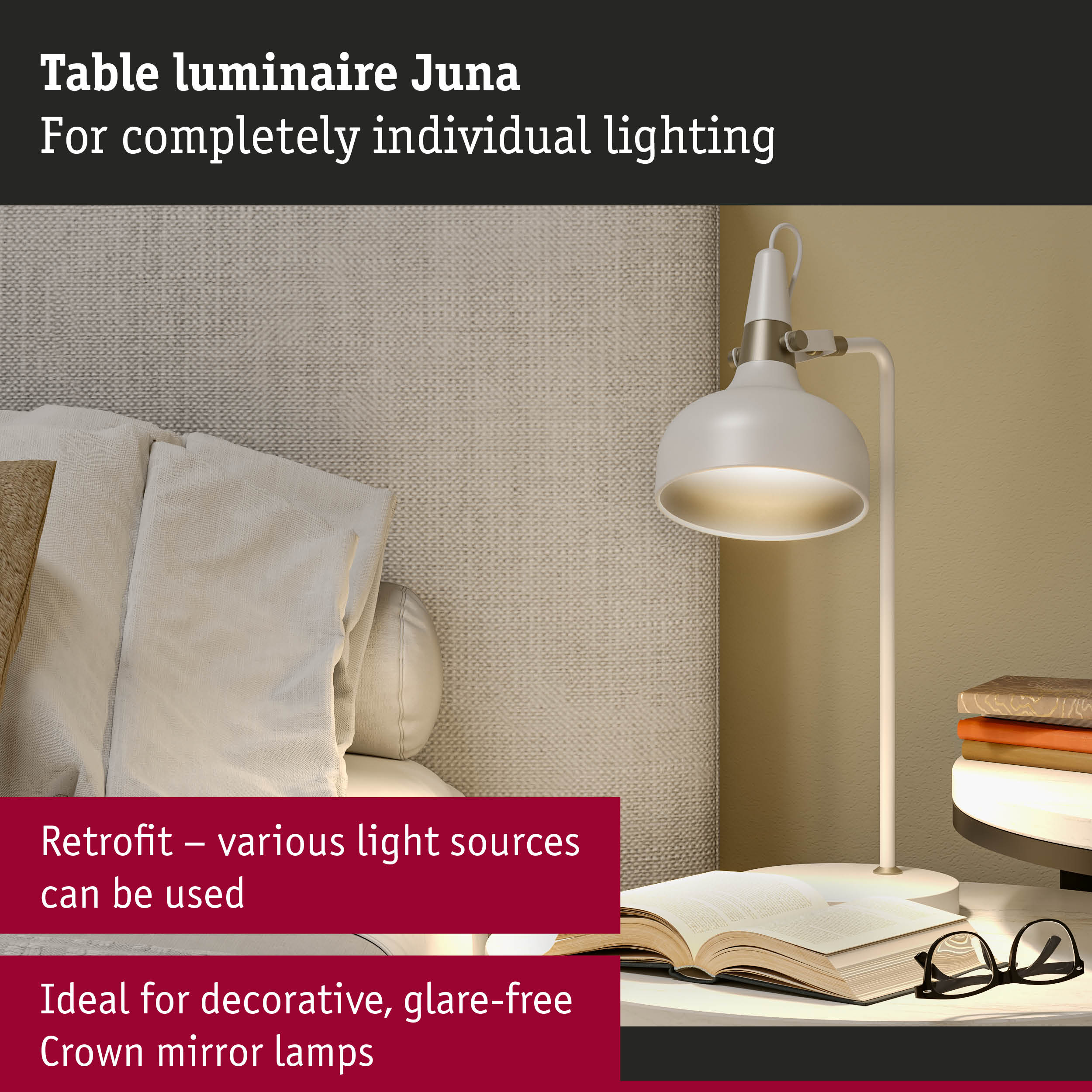 White metal Juna table lamp with adjustable shade for glare-free decorative lighting in living room