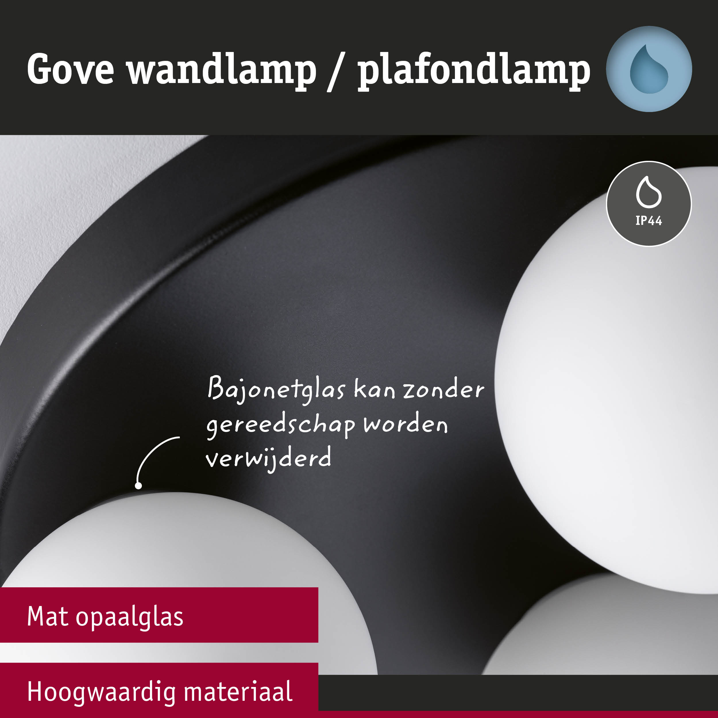 Gove wandlamp met mat opaalglas en zwarte rand, hoogwaardig materiaal, IP44 bescherming