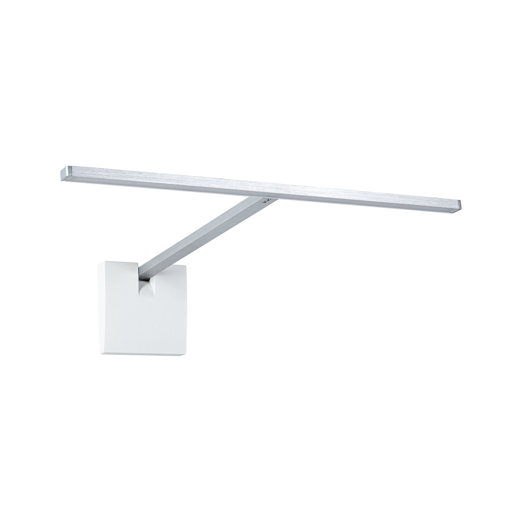 Moderne LED-wandlamp van zilverkleurig aluminium met witte wandbevestiging voor woonruimtes.