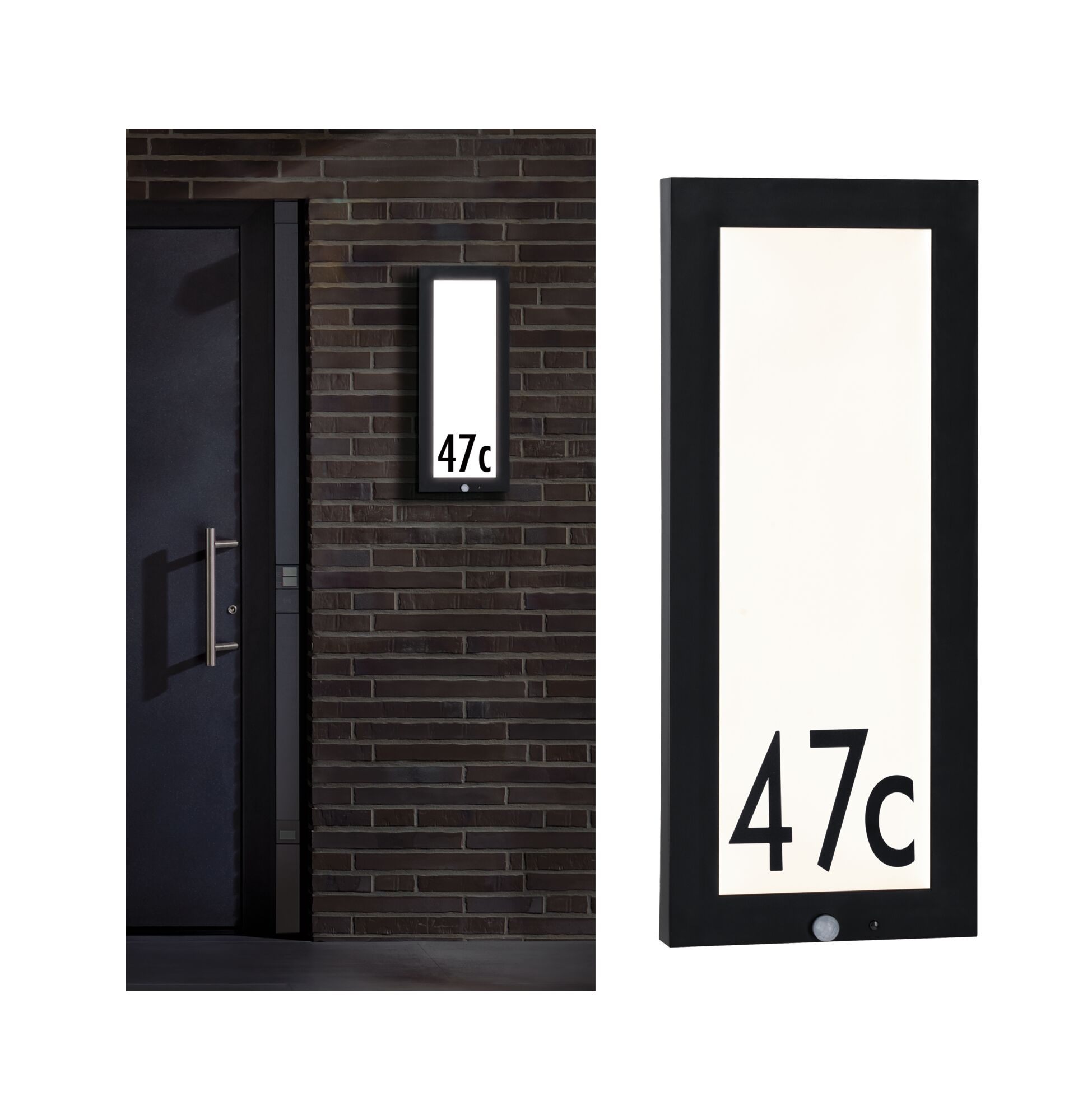 Udendørs LED-panel Board Twilight-styret bevægelsessensor (IR) IP44 kantet 250x600mm 3000K 10W 900lm 230V Koksgrå Aluminium Sort LED-husnummerlampe med bevægelsessensor og hvidt panel til tal, moderne udendørsbelysning