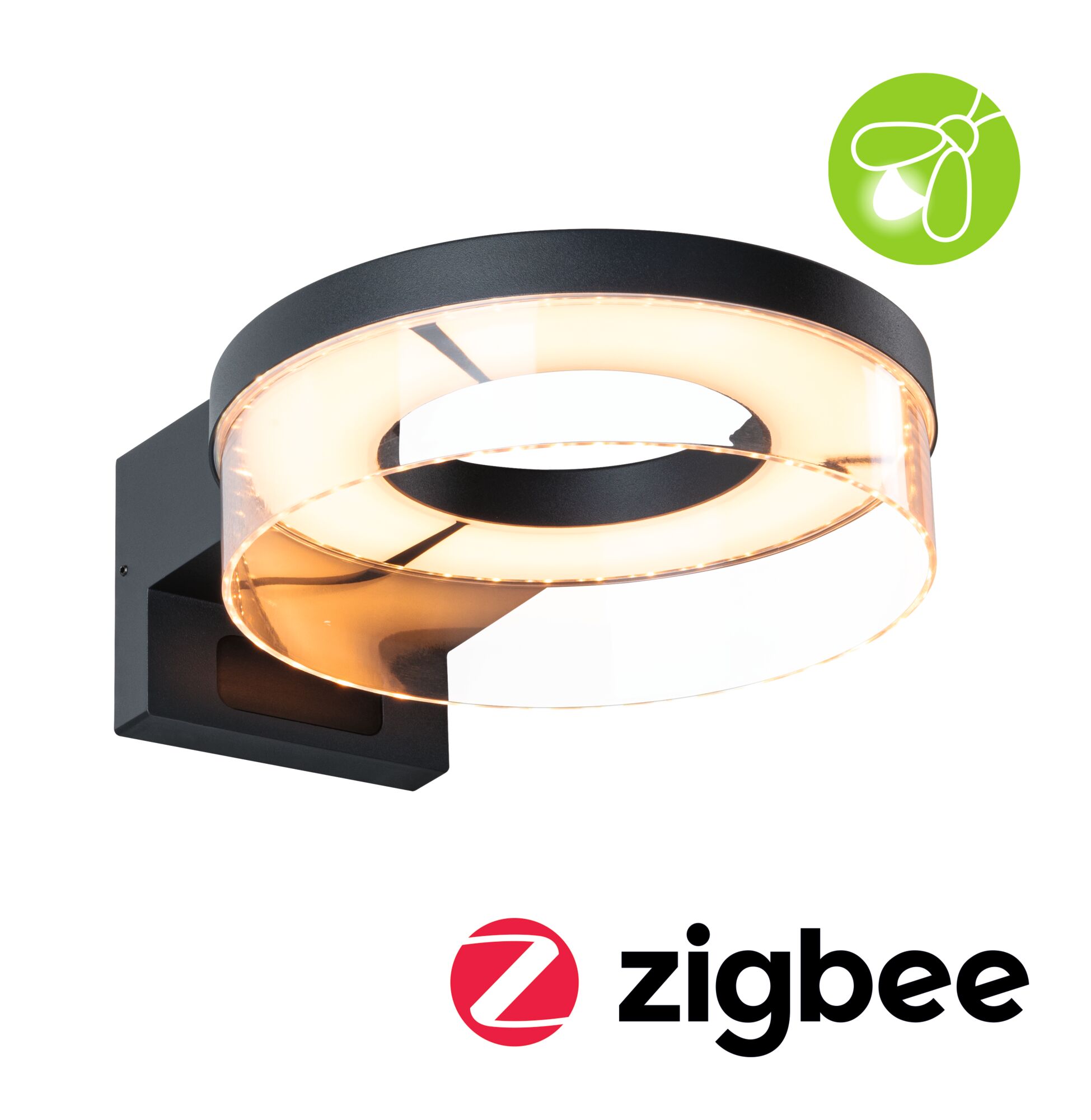 LED-wandarmatuur voor buiten Smart Home Zigbee 3.0 Capera Schemergestuurde bewegingsmelder (IR) insectvriendelijk IP44 231mm Tunable Warm 12,5W 800lm 230V Antraciet Aluminium Moderne zwarte LED-wandlamp met ronde acrylring en Zigbee slimme verlichtingsfunctie