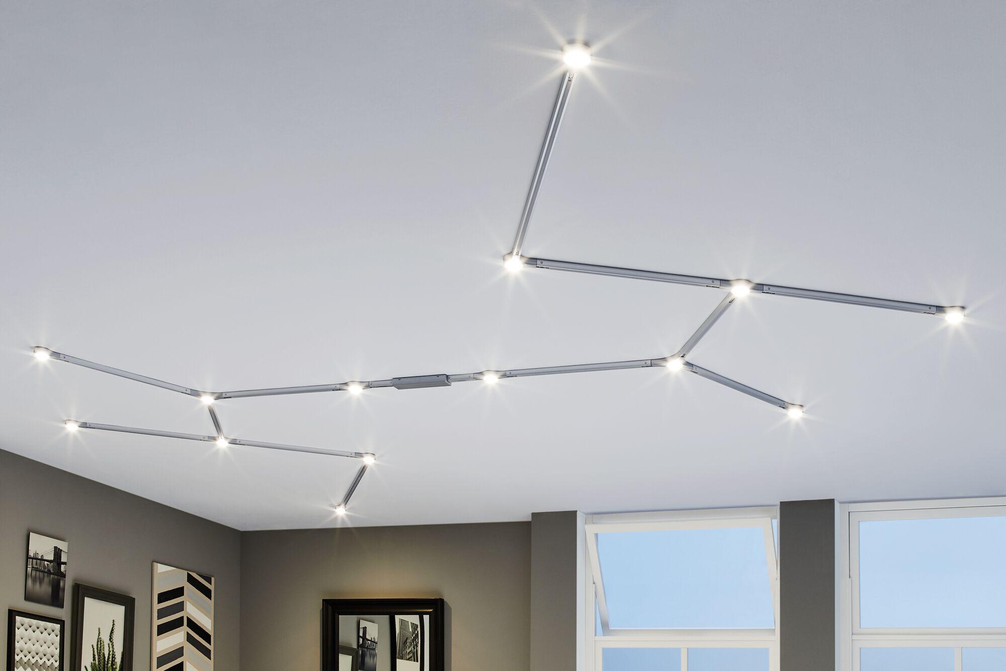 Modular LED ceiling light with silver aluminium frame and warm white light for modern living spaces