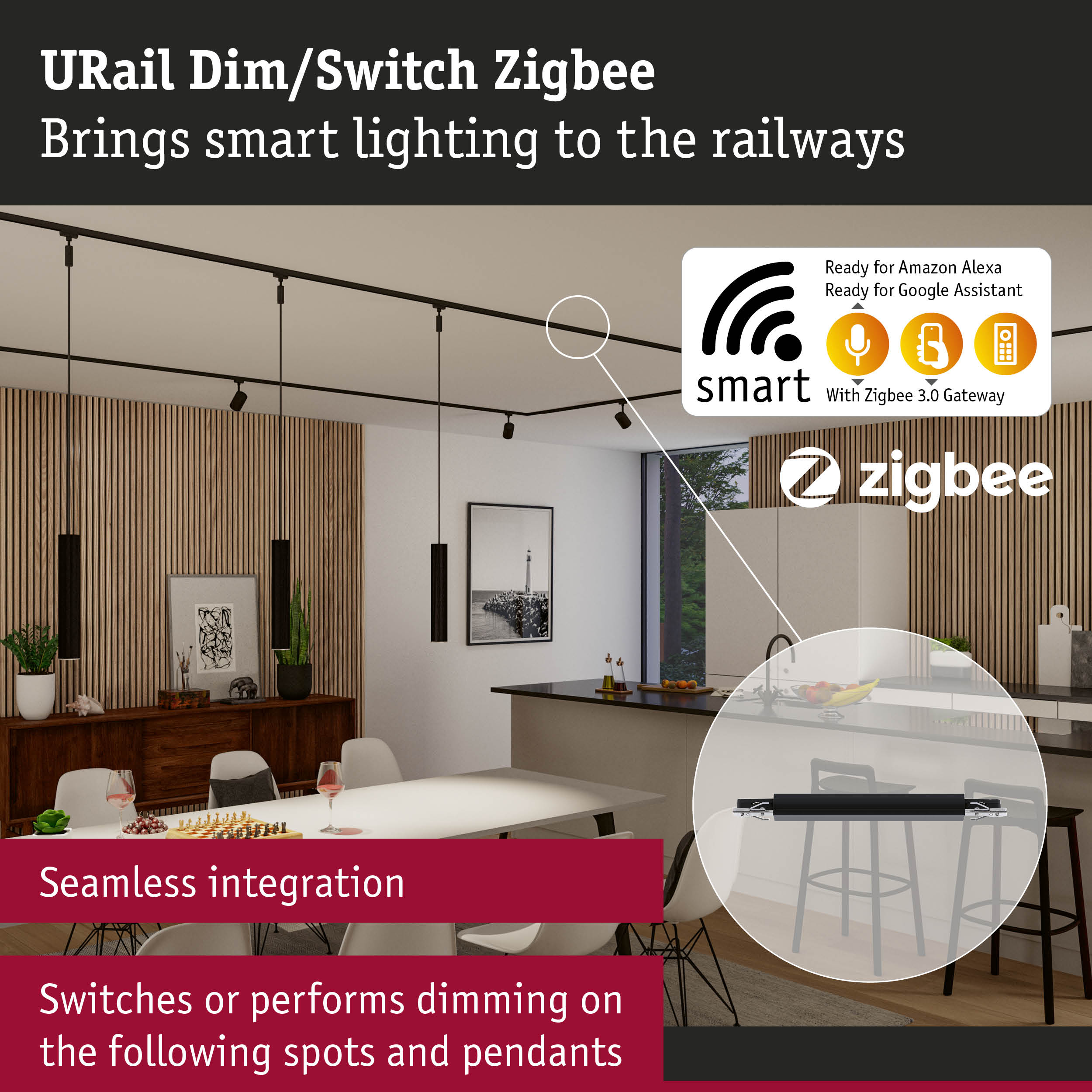 URail Dim/Switch Zigbee black smart lighting system with voice control for modern interiors