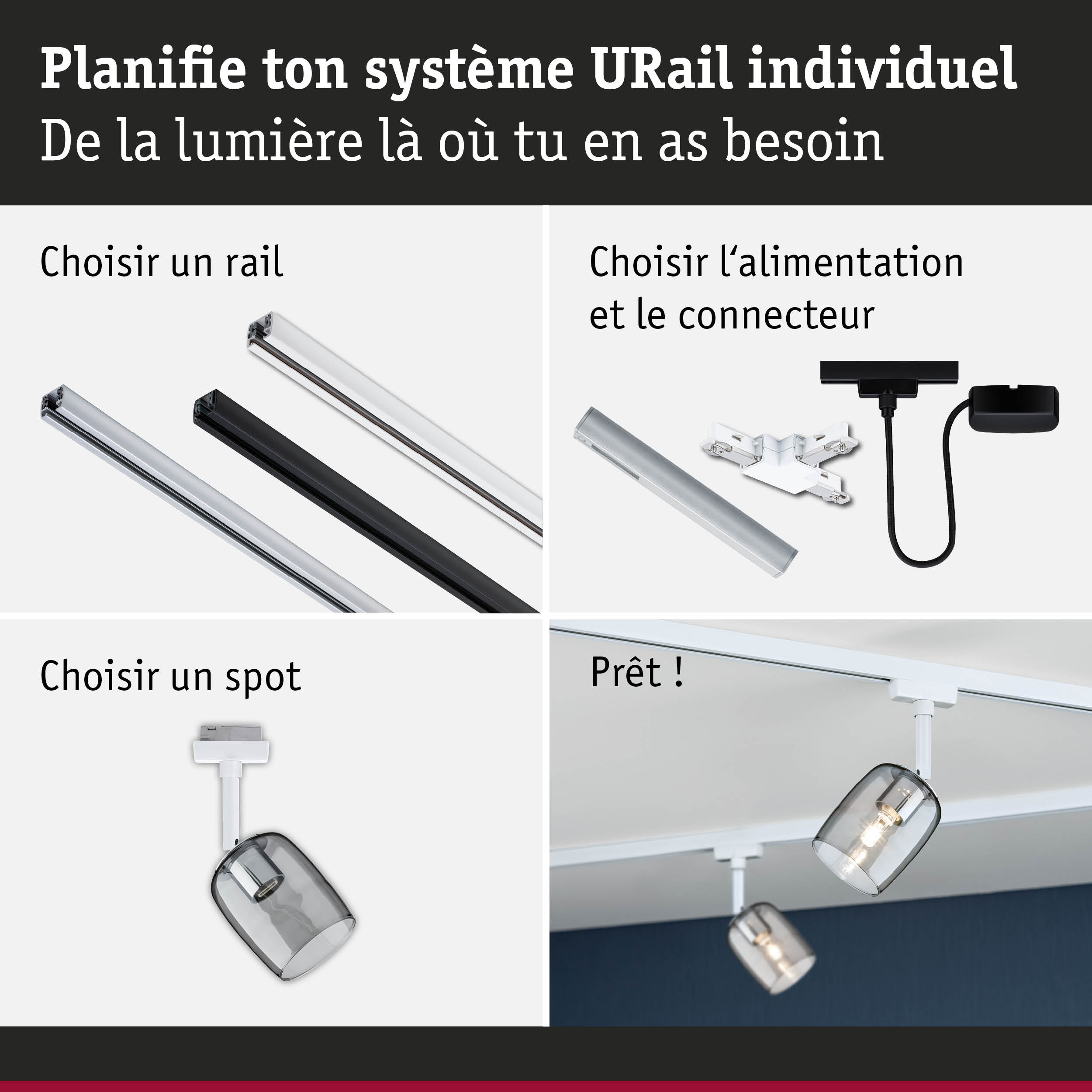 Système modulaire URail avec rails, connecteurs et spots pour un éclairage personnalisé flexible