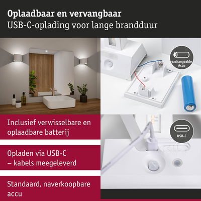 Oplaadbare witte LED-wandlamp met USB-C-oplading en verwisselbare accu voor langdurige verlichting
