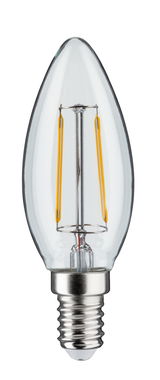 Clear LED candle bulb with E14 base and visible yellow filaments for decorative lighting use