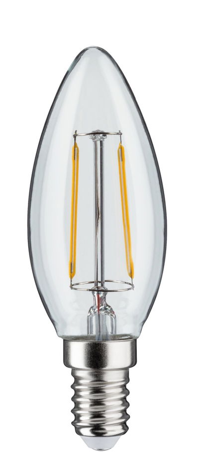 Clear LED candle bulb with E14 base and visible yellow filaments for decorative lighting use