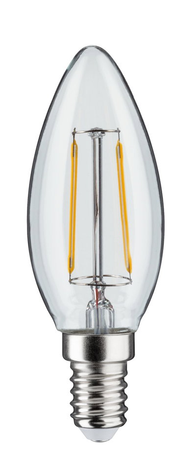 Heldere LED-kaarslamp met E14-fitting en zichtbare gele filamenten voor decoratieve verlichting