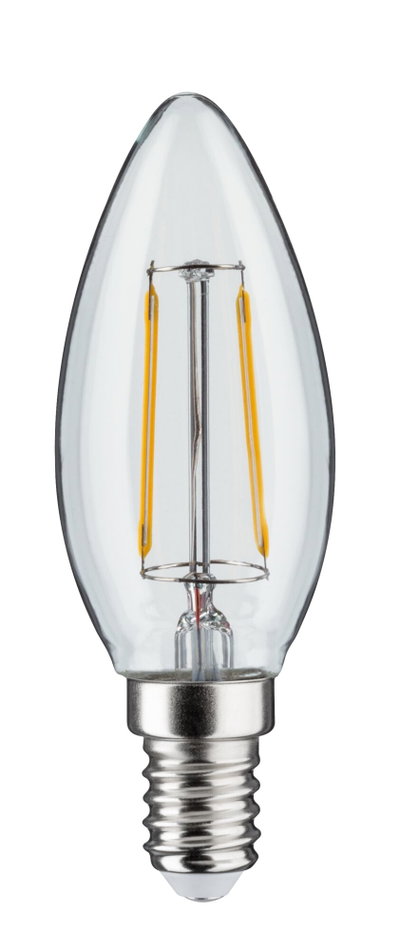 Ampoule LED claire en forme de bougie avec culot E14 et filaments jaunes visibles pour éclairage décoratif