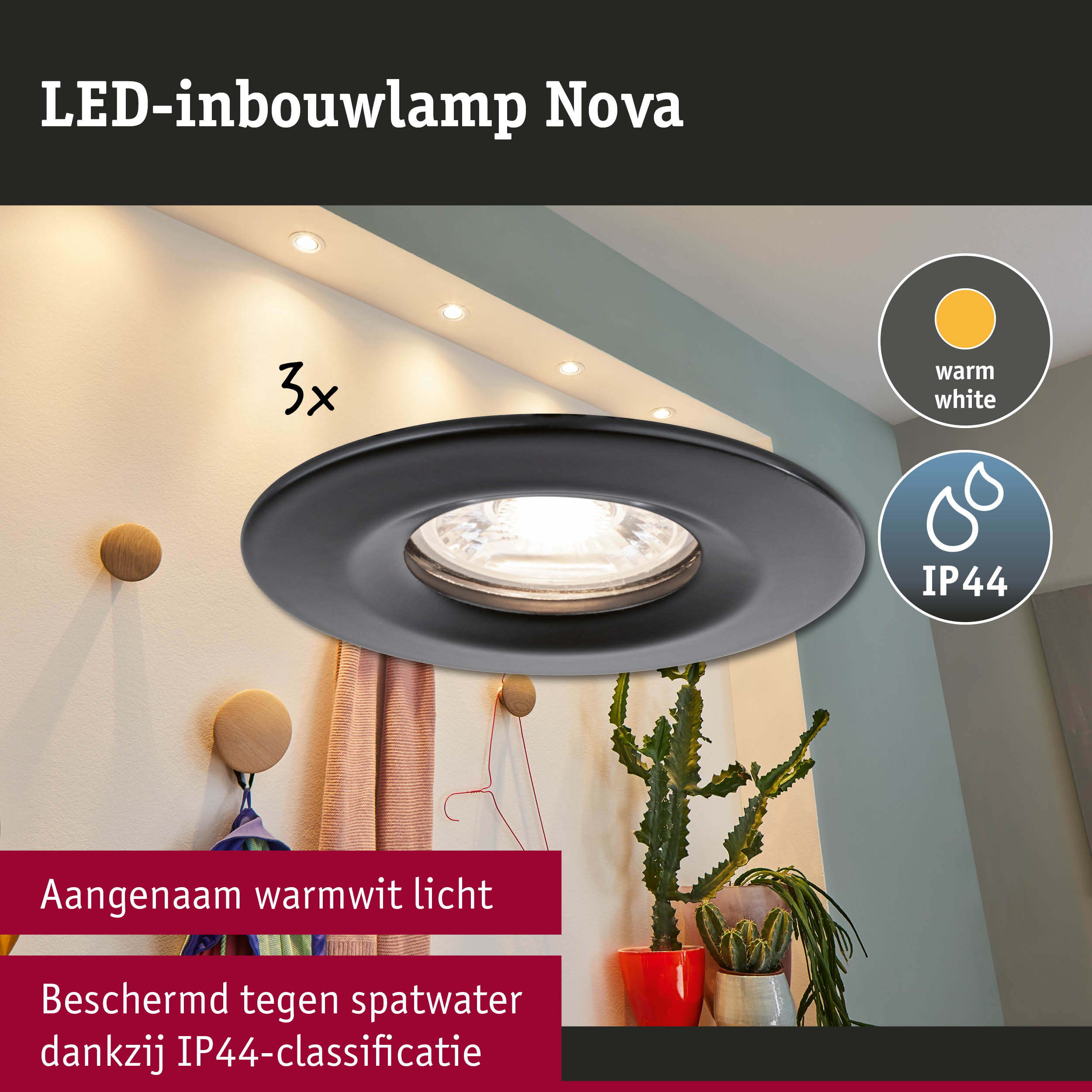 Zwarte LED-inbouwlamp Nova met warmwit licht en IP44-classificatie tegen spatwater
