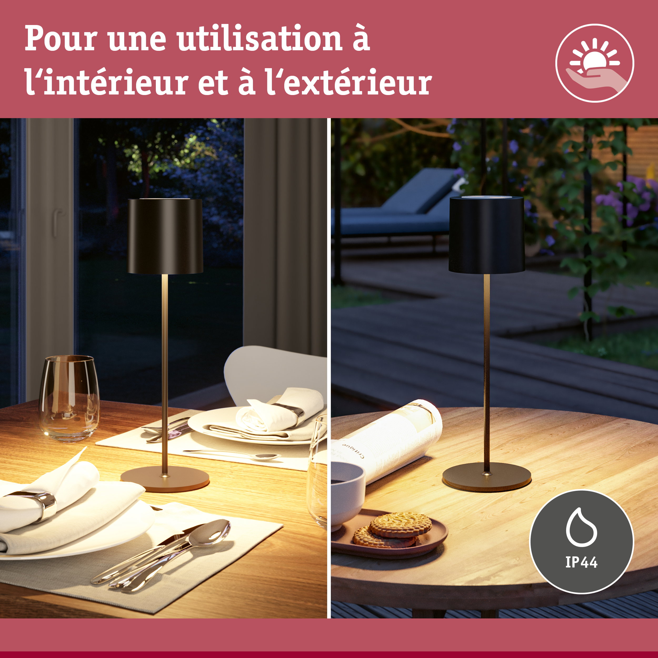 Lampadaire noir en métal sur table en bois, usage intérieur et extérieur avec protection IP44