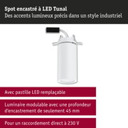 Spot encastré LED blanc Tunal avec pastille LED remplaçable et profondeur d'encastrement de 45 mm