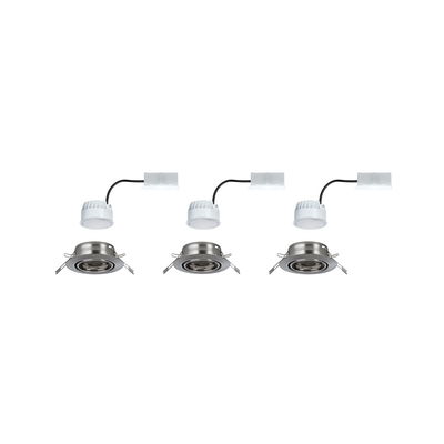 Trois spots encastrés ronds en acier inoxydable brossé avec modules LED blancs et câbles de connexion