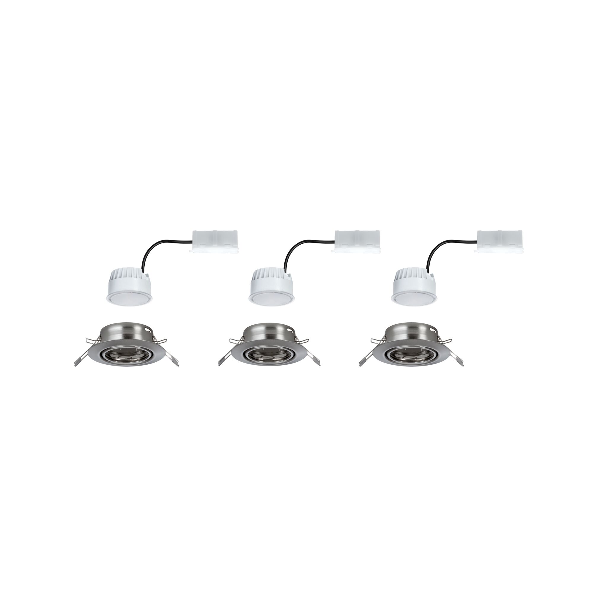 Three round recessed spotlights in brushed stainless steel with white LED modules and connection cables