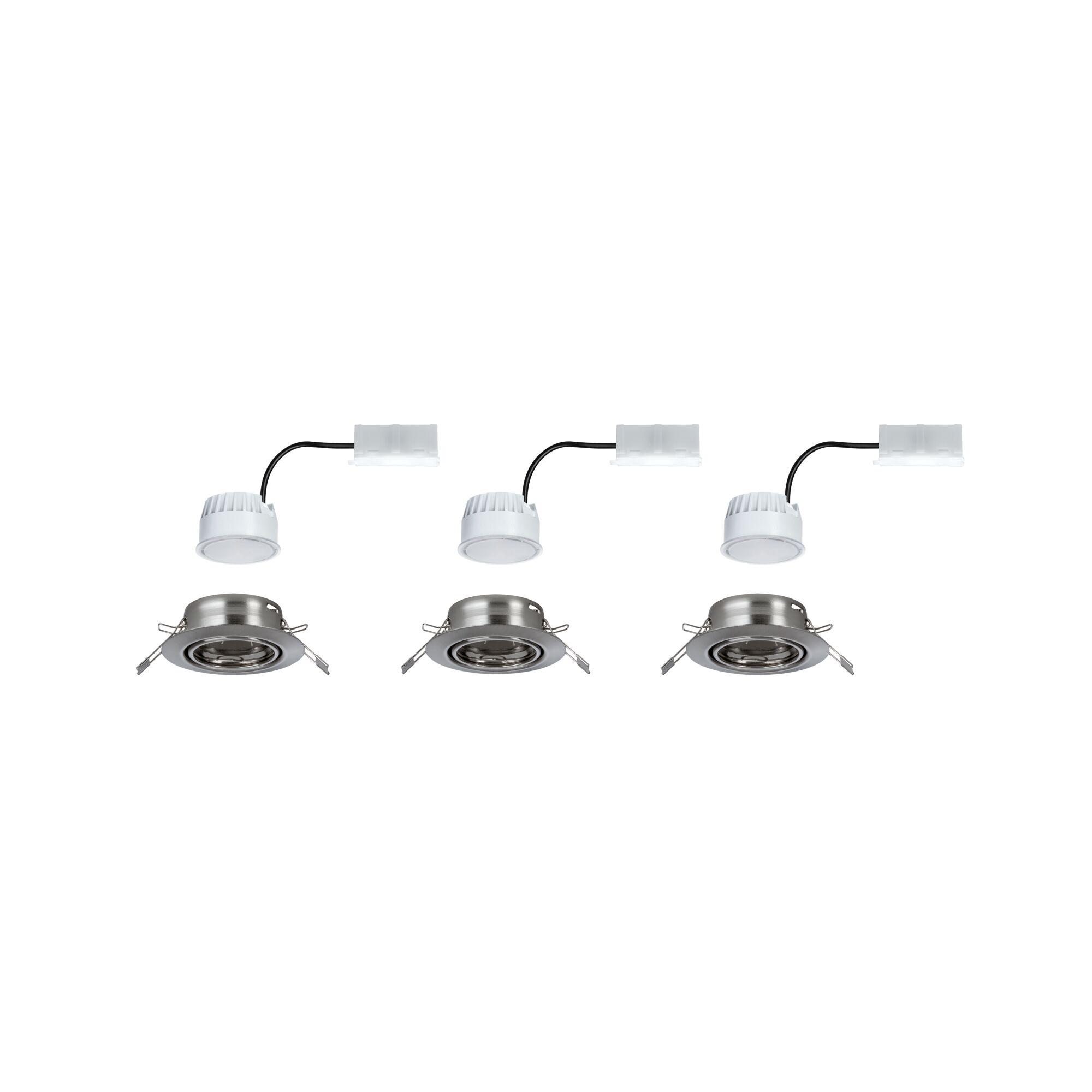Trois spots encastrés ronds en acier inoxydable brossé avec modules LED blancs et câbles