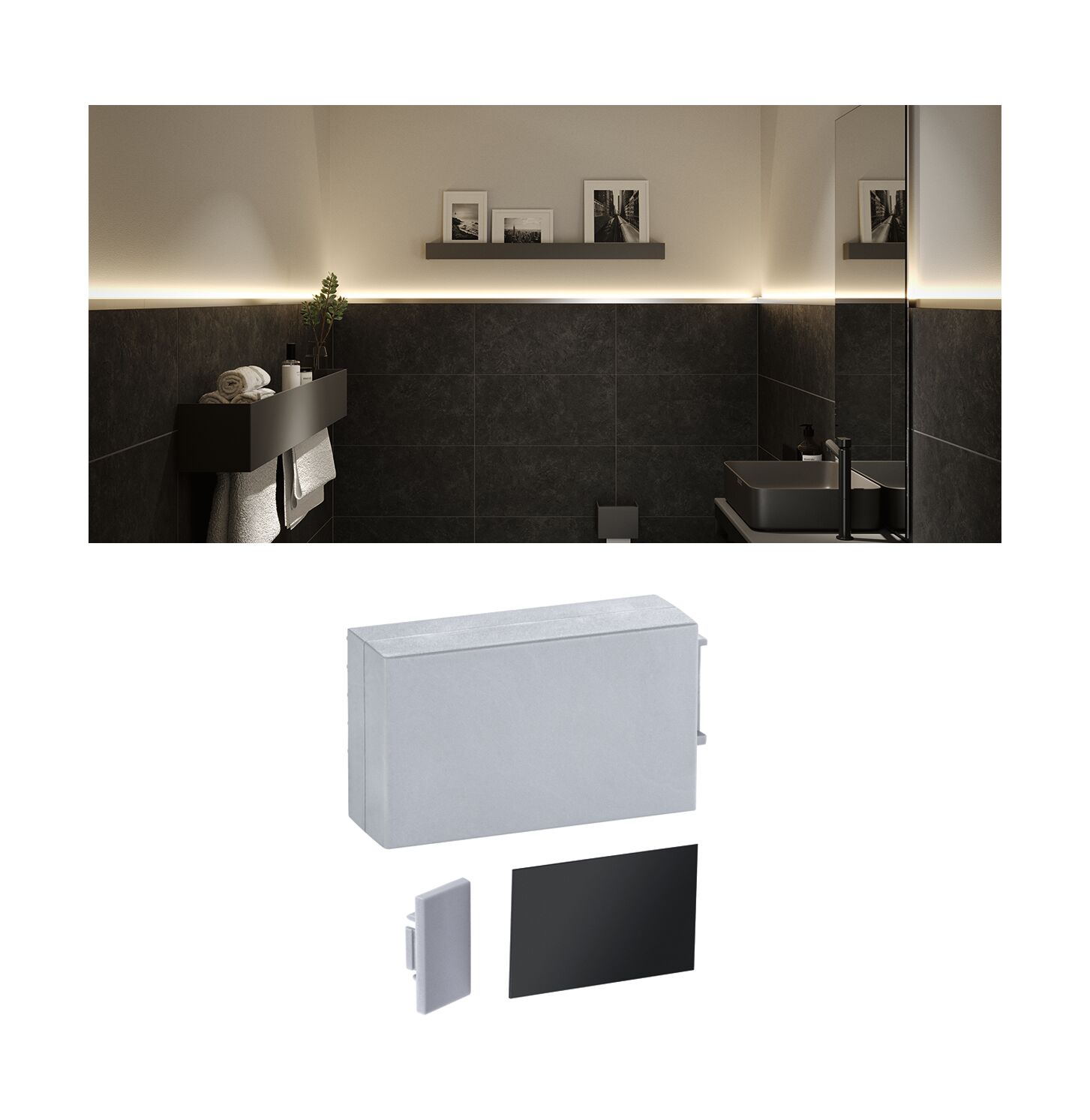 Modern bathroom with black wall tiles and indirect LED lighting along the ceiling edge