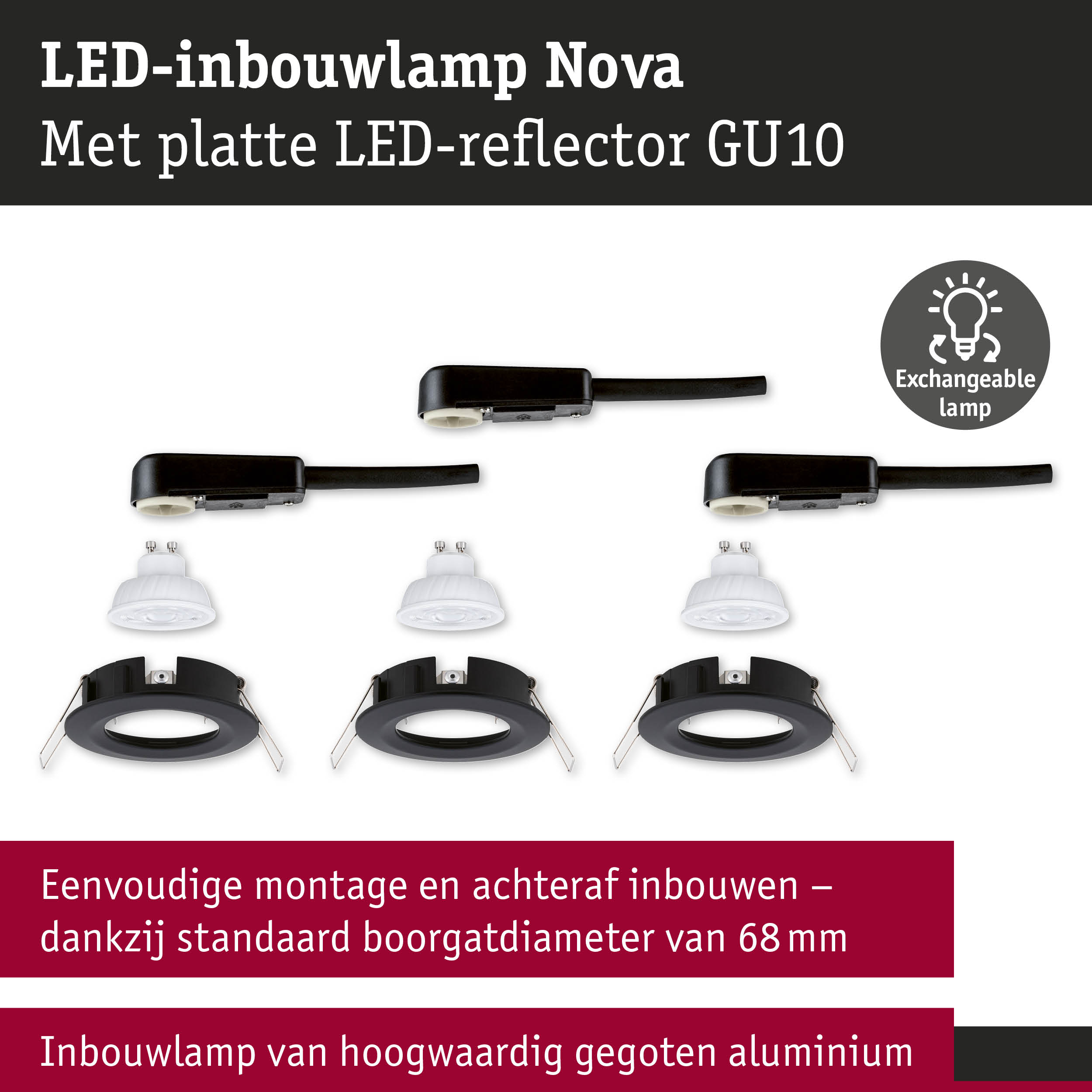 LED-inbouwlamp Nova met platte LED-reflector GU10 in zwart-wit aluminium uitvoering