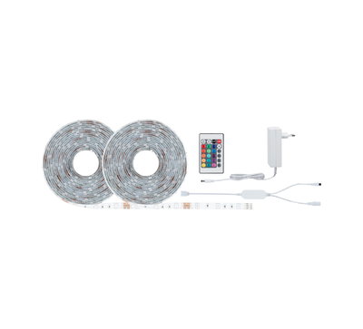 LED strip light set with two white rolls, remote control and power adapter for flexible color lighting