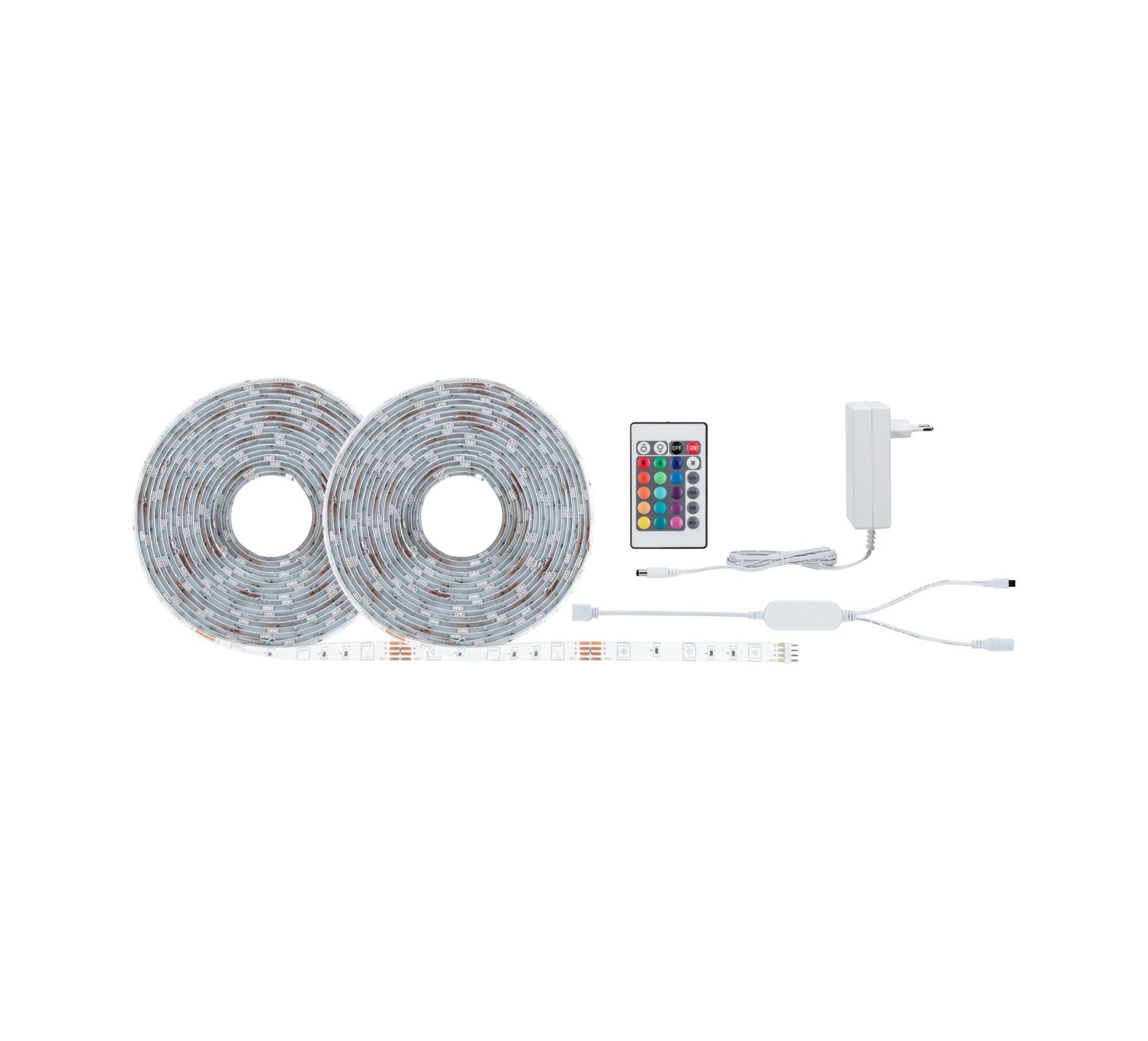 Kit bande LED avec deux rouleaux blancs, télécommande et adaptateur pour éclairage coloré flexible