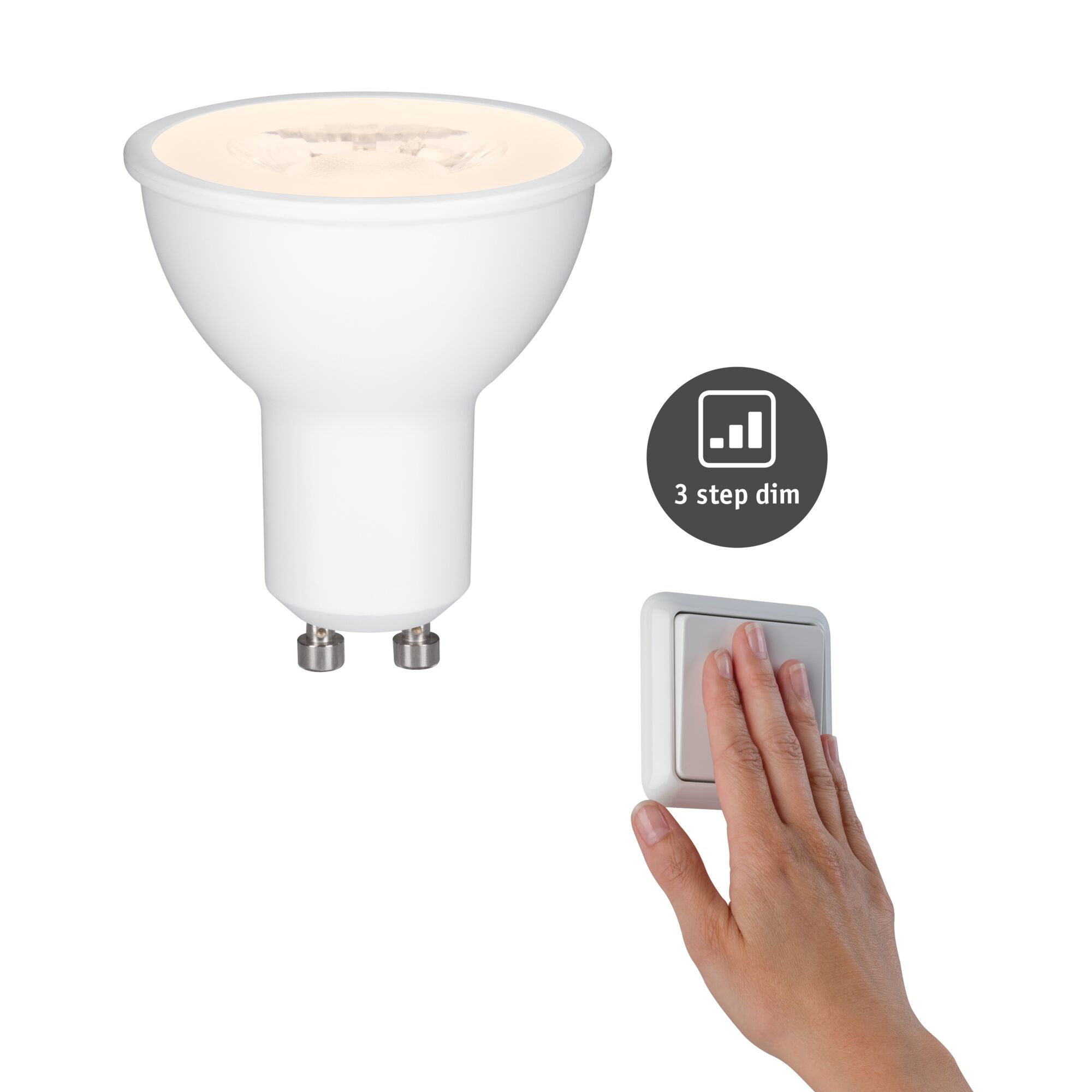 Standard 230 V 3-Step-Dim LED-reflektor GU10 460lm 6,5W 2700K dæmpbar Hvid Hvid LED-reflektorpære med GU10-fatning og 3-trins dæmpning til energibesparende belysning