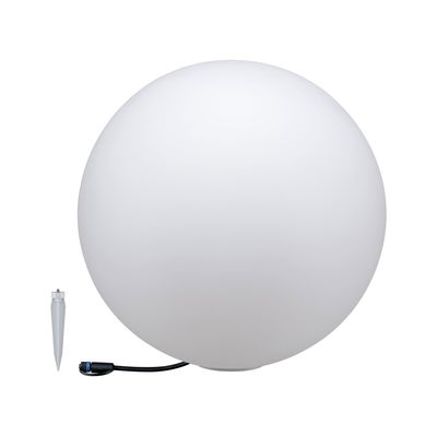 White plastic globe light with ground spike and cable for outdoor garden lighting