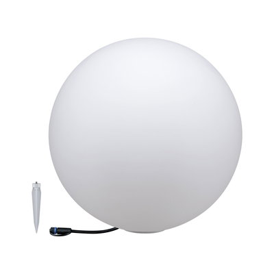 Witte kunststof bolvormige lamp met grondpen en kabel voor buitenverlichting in de tuin