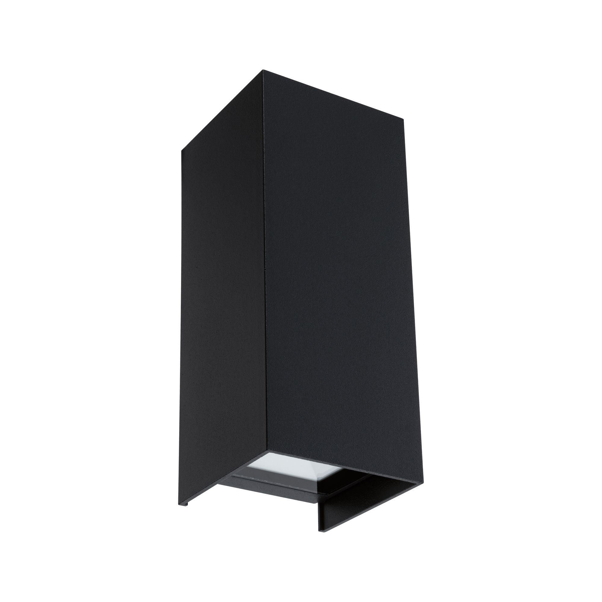 Zwarte rechthoekige buitenwandlamp van metaal met modern design en LED-verlichting