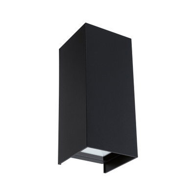 Zwarte rechthoekige buitenwandlamp van metaal met modern design en LED-verlichting