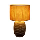 Lampe de table avec base en céramique marron texturée et abat-jour en tissu chaud pour éclairage intérieur